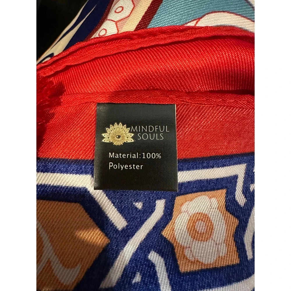 Mindful Souls Bohemian Tapestry Print Scarf Red Blue Tassel Accent